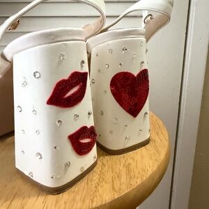 Sabrina Carpenter White Heels with Red Sequin Lips and Heart